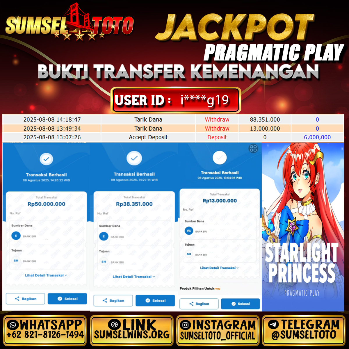 SUMSELTOTO JACKPOT SLOT STARLIGHT PRINCESS Rp.101,351,000.,- LUNAS